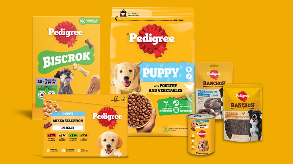 Picture of packs from the Pedigree dog food and treat range.​