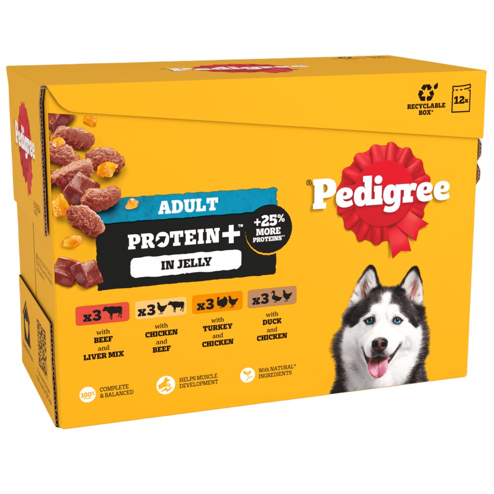 PEDIGREE® PROTEIN +™ Adult Wet Dog Food  Selection in Jelly Pouch 12x85g, 40x85g